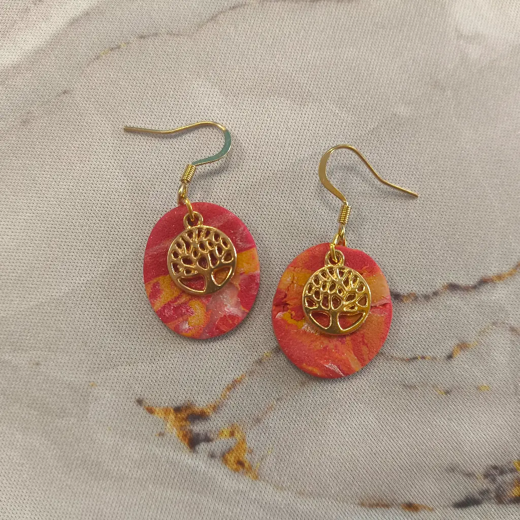 Boucles d'oreilles en pâte Fimo Marbré avec Arbre de Vie