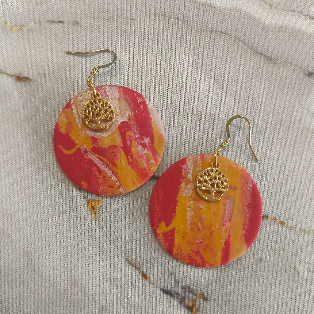 Boucles d'oreilles en pâte Fimo Marbré avec Arbre de Vie