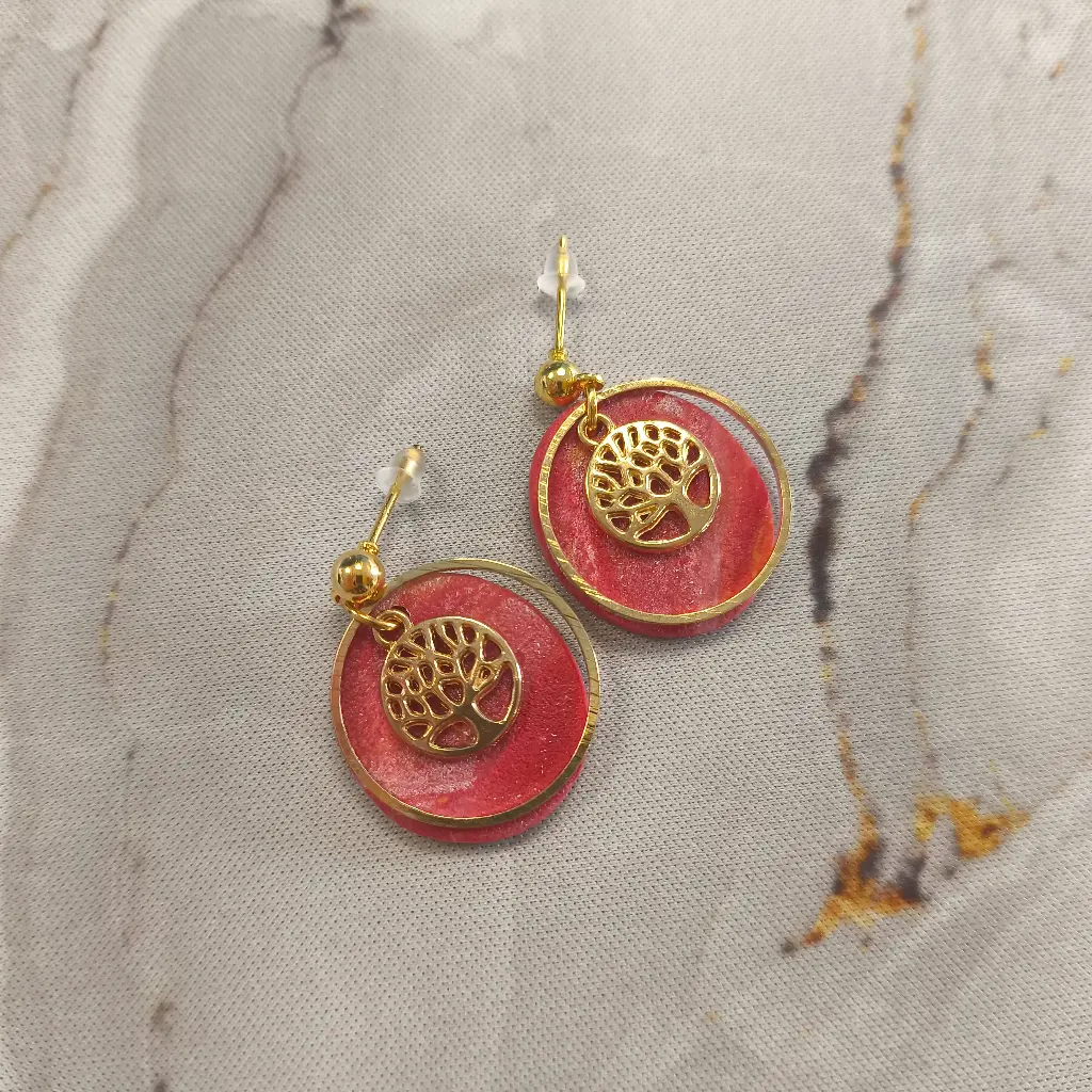 Boucles d'oreilles en pâte Fimo Marbré avec Arbre de Vie