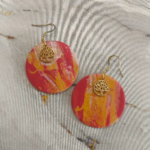 [737] Boucles d'oreilles en pâte Fimo Marbré avec Arbre de Vie