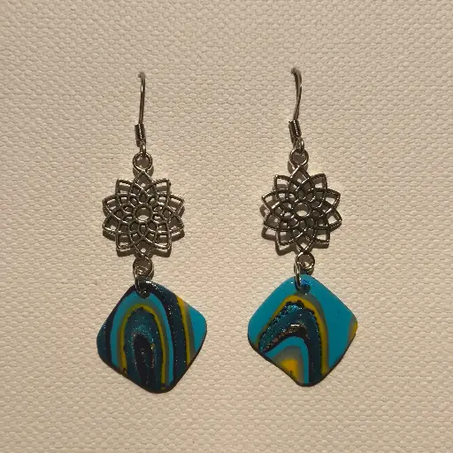 [767] Boucles d'oreilles en pâte Fimo Marbré avec Breloque