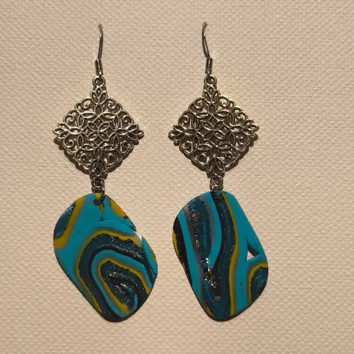 [778] Boucles d'oreilles en pâte Fimo Marbré avec Breloque
