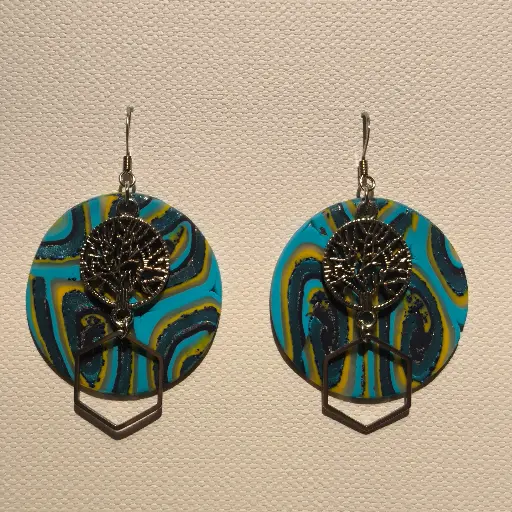 [784] Boucles d'oreilles en pâte Fimo Marbré avec Breloque