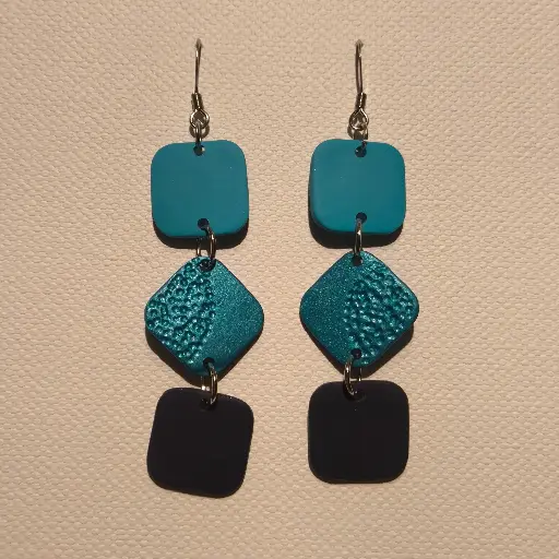 [768] Boucles d'oreilles en pâte Fimo Bleue Triptyque