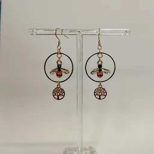 [616] Boucles d'oreilles thème Abeille et Arbre de Vie